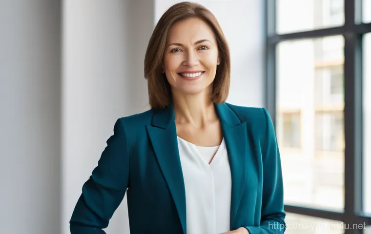 요가강사 경력 전환 사례 - A serene and confident Russian woman in her late 30s to early 40s, with a warm, encouraging smile, s...