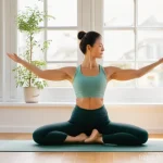 Home 4 요가강사로서의 건강 관리 - **Prompt:** A serene and focused female yoga instructor, around 35 years old, engaged in her persona...